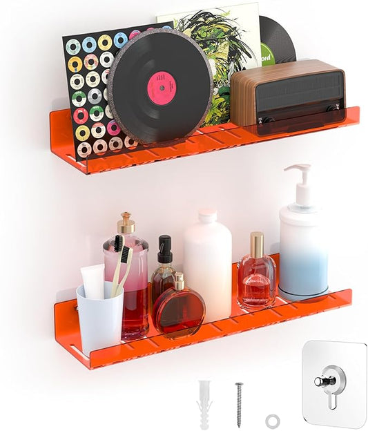 4 Pack Floating Shelves –15'' Orange Acrylic/PET Wall-Mounted No Drill Storage with Adhesive, Bathroom & Bedroom Shelving for Kitchen, Living Room, Home Decor