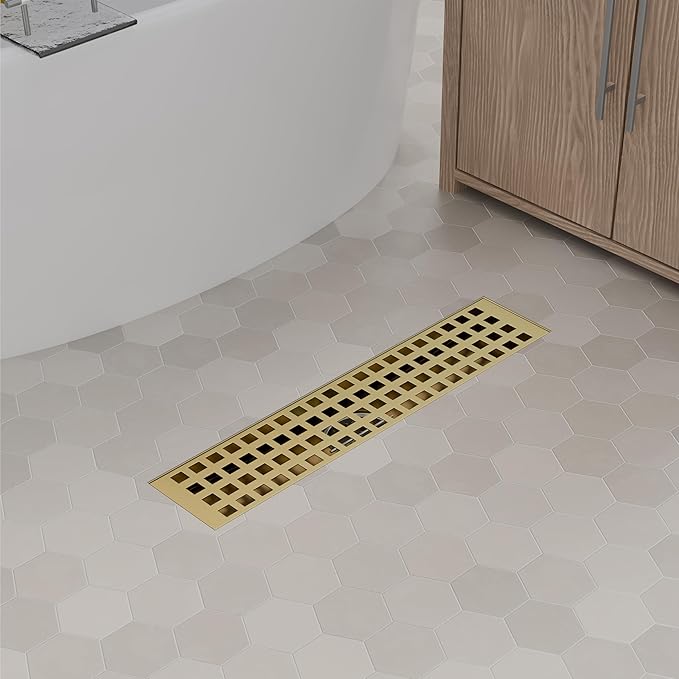 Linear Shower Drain 12 Inch, Modern Rectangle Shower Floor Drain with Removable Quadrato Pattern Grate, Stainless Steel SUS 304, Linear Drain with Leveling Feet& Hair Strainer