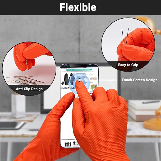 10 Mil Nitrile Gloves for Working, Cleaning, Cooking, 100 PCS Chemical Resistant Heavy Duty Disposable Orange Nitrile Gloves Work, Medium, Latex Free, Industrial Camping Essentials