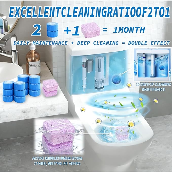 24 PACK Toilet Cleaning Tablets Set - 8 Effervescent Toilet Bowl Cleaners Tablets + 16 Blue Toilet Tank Tablets, Double-Action Formula for Stain, Water Deposit Removal