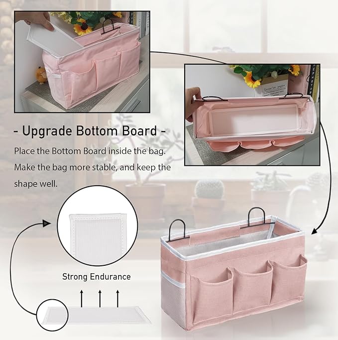 2pcs Light-Style Wall Hanging Storage Bag, Linen Fabric Door Hanging Organizer Baskets with Pockets, Waterproof Bin for Bedroom, Kitchen, Office, RV Camper (Pink-2pcs)