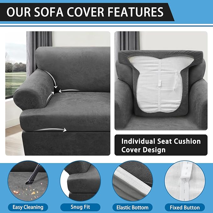 2-Pieces T Cushion Armchair Slipcovers Leather Look Couch Cover Chair Covers Stretch Furniture Protector Sofa Cover with 1 Individual T Cushion Seat Cover Slipcover Sets Washable, Grey