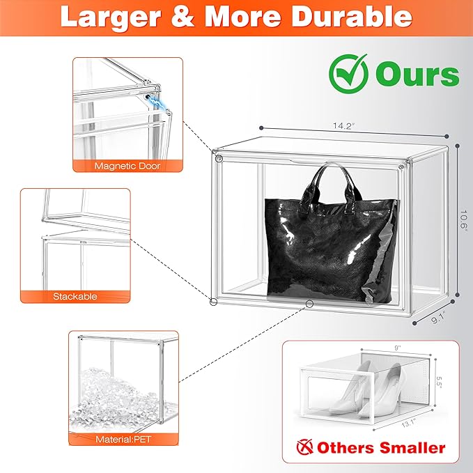10 Pack Acrylic Shoe Box Size 14, X-Large Clear Purse Bag Organizer for Closet 14.1'' x 8.9'' x 10.6'' Transparent Handbag Storage Box, Acrylic Display Case for Shoes, Purses, Wallets & Bags