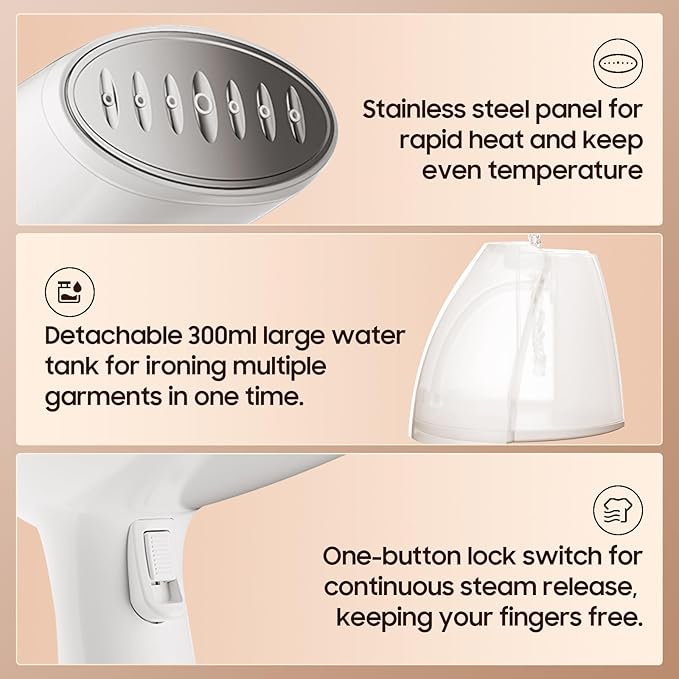 Handheld Portable Garment Steamer for Clothes - 1350W Clothes Steamer Remove Wrinkles for All Fabrics, 15S Fast Heat-Up, Make Clothes Soft & Smooth