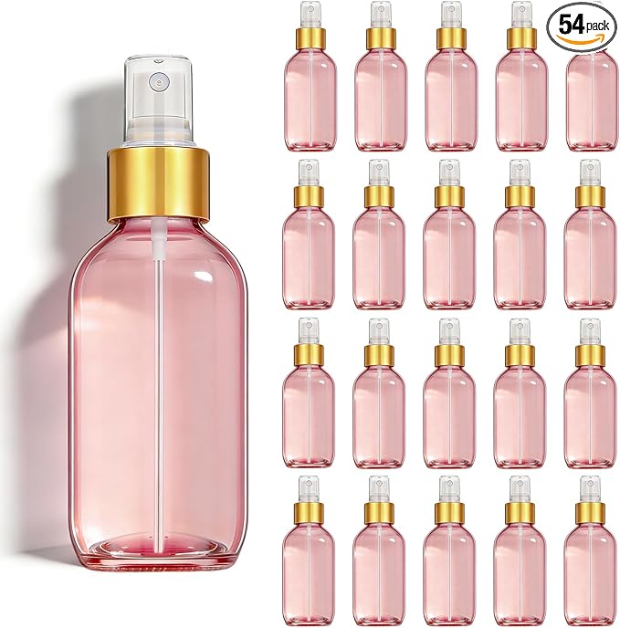 54 Pack 4 oz Small Glass Spray Bottles, Pink Refillable Fine Mist Bottles for Essential Oils, Cleaning Solutions, Perfume, Travel Size Liquid Containers