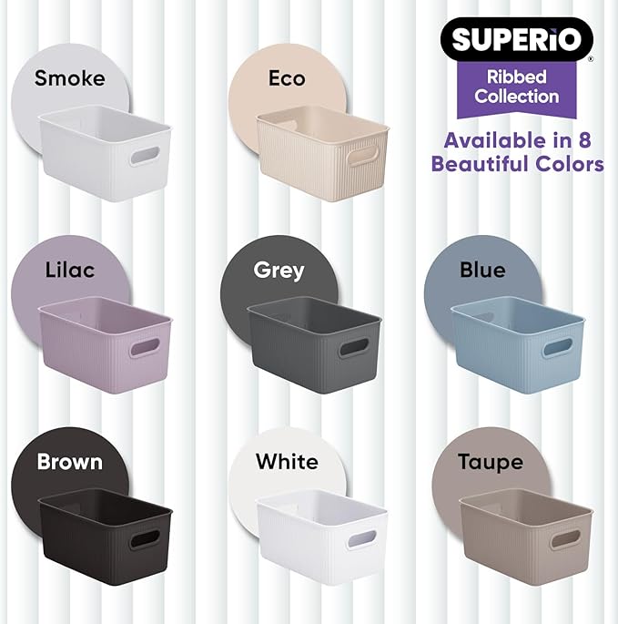 Superio Ribbed Collection - Decorative Plastic Basket Open Home Storage Bins Organizer, Medium White (4 Pack) Container Boxes for Organizing Closet Storage Bins for Shelves Drawer Shelf 5 Liter