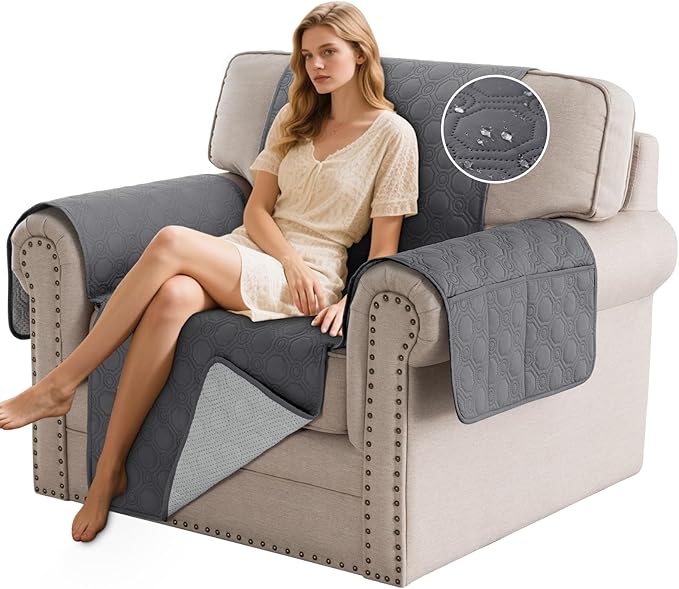 PrinceDeco Chair Covers for Armchair Sofa Cover Waterproof Couch Cover Washable Furniture Protector Cover with Elastic Straps for Pets Kids Children Dog Cat (Chair, Grey)