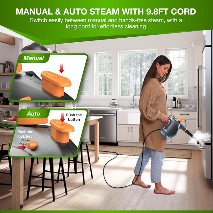 Handheld Steam Cleaner with Detergent Container – 1250W High-Pressure Multipurpose Steamer – Continuous Steam Lock, Large Tank, Safety Lock – for Home, Kitchen, Bathroom, Car Cleaning