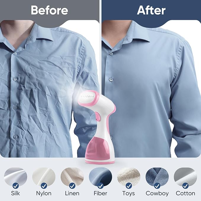 Steamer for Clothes, Kolohoso 1500W Fast Heat Up Handheld Garment Steamer, Portable Travel Clothing Fabric Steamer with Upgraded Nozzle and 260ml Water Tank (LightPink)