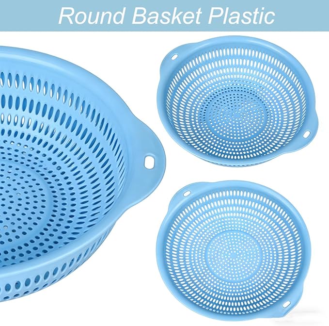 Plastic Wash Basket Round Perforated Colander Wash Vegetables and Fruits Drain Cooked Pasta Kitchen Essentials Food Strainer Basket Strainer Kitchen Blue Yellow green red (3PCS-Blue)