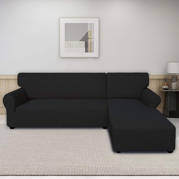 PureFit Super Stretch Sectional Couch Covers - 2 pcs Spandex Non Slip Sofa Covers with Elastic Bottom for L Shape Sectional Sofa Couch, Great for Kids & Pets (3 Seat Sofa + 3 Seat Chaise, Black)