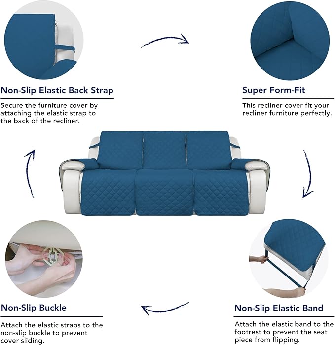 PureFit Water Resistant Reversible Sofa Covers for Reclining Sofa 3 Seat - Non Slip Split Recliner Couch Cover for 3 Cushion Couch, Washable Furniture Protector for Kids, Dogs (Peacock Blue/Beige)