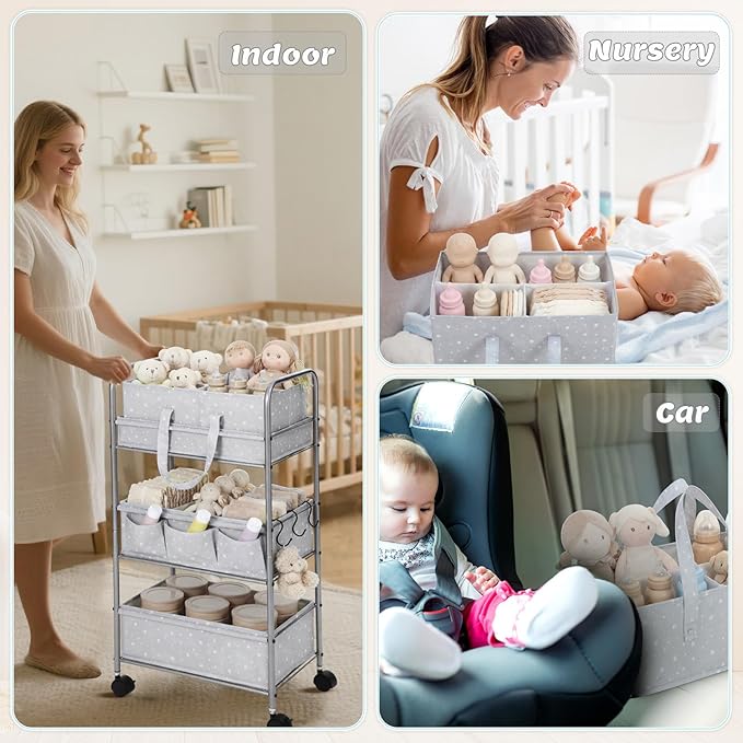 Yookeer 2in1 Baby Diaper Caddy Organizer Cart 3 Tier Large Capacity Metal Utility Bedside Rolling Cart with Divider Newborn Registry Gift Nursery Essential Must Have Bedroom Baby Shower(Gray,Star)
