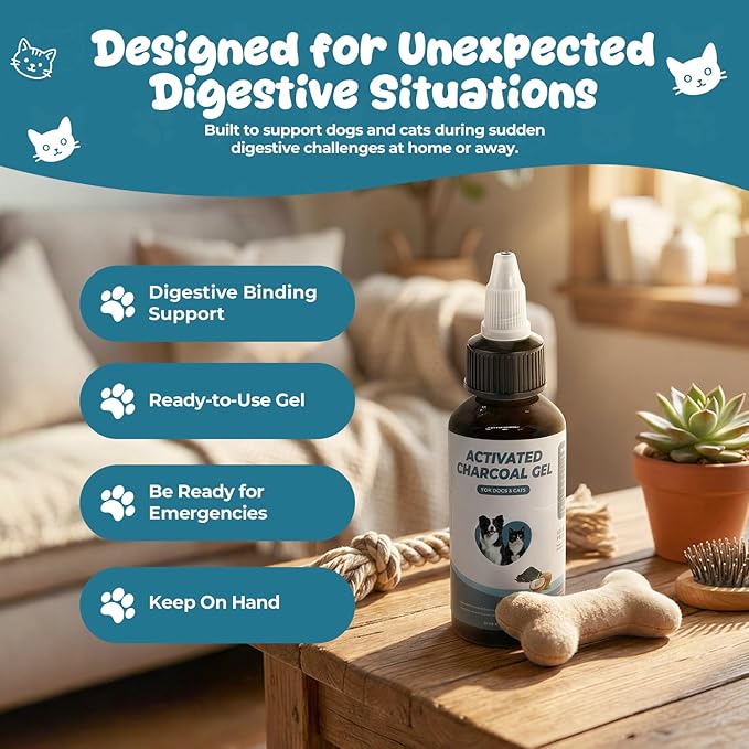 Activated Charcoal Gel for Dogs and Cats, Ready-to-Use Emergency Support for Accidental Ingestion, Diarrhea, Gas Relief & Digestive Upset, Pet First Aid Essential, 30 mL