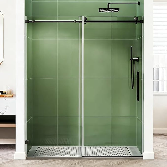 Frameless Shower Door, 56-60" W x 74" H 8mm Single Sliding Shower Door with 5/16" Clear Tempered Glass, Bathroom Glass Door for Walk-in Shower, Black