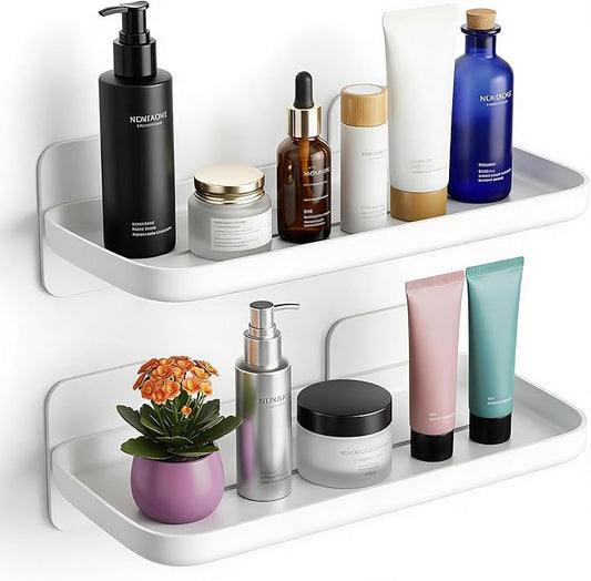 ACEXINYAN 2pc Wall Mounted Floating Shelf, Small Storage Rack with Edge Design, No Drill Shelves for Wall, Floating Shelves Damage-Free Expand Walls Space for Living Room Kitchen Bathroom (White)