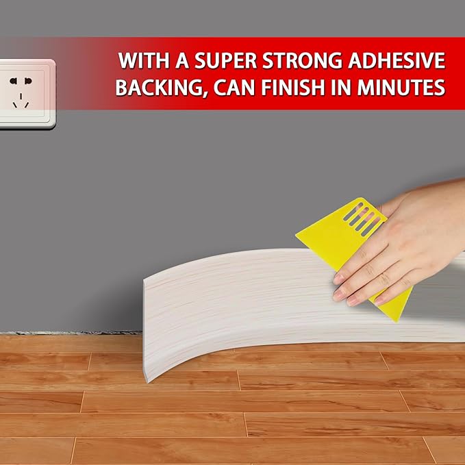 Vinyl Wall Base Baseboard Molding Trim 6" Flexible Self Adhesive Rubber Wall Base Moulding Trim Peel and Stick Design, 6 Inch x 100 Feet, Beige Wood