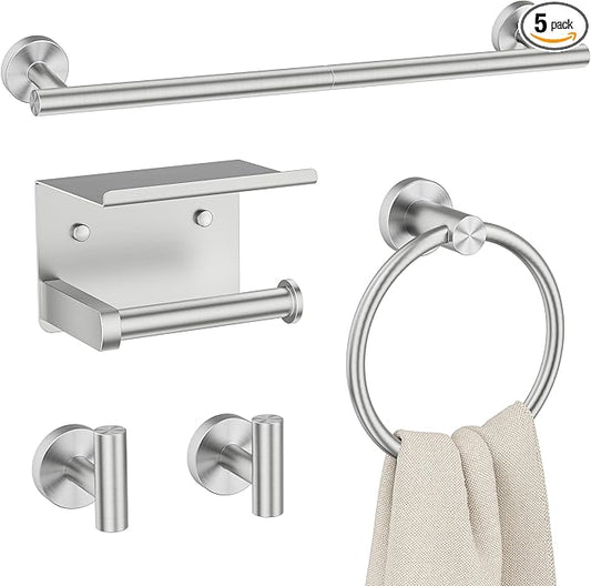 FORIOUS Bathroom Hardware Accessories Set, SUS304 Stainless Steel Towel Bar Set, Modern Towel Racks Holder for Bathroom, Toilet Paper Holder Wall Mounted 5 Pieces(24" Bar, Brushed Nickel)