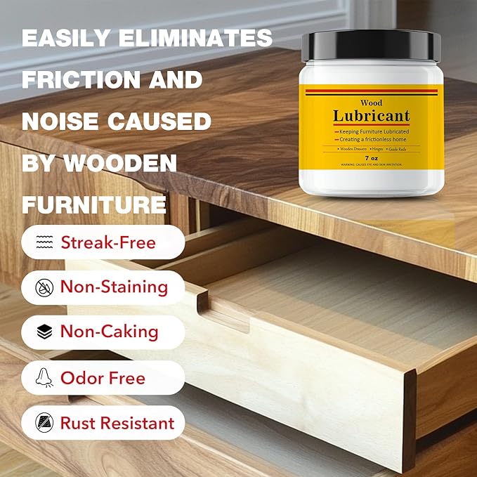 Upgrade Wood Lubricant & Wood Wax for Drawers, Doors, Hinges - Multi-Purpose Semi Paste Wax for Wood - Drawer & Door Hinge Lubricant - Loosen Drawer Slide - Restore & Preserve Wooden Slide - 7oz