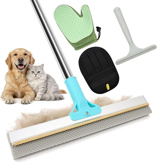 4 in 1 Carpet Rake for Pet Hair Removal - Reusable Pet Hair Removal Glove for Dog Cat Fur Remover, Contain 23-54" Rubber Broom, Silicone Comb Gloves, Magic Brush and Small Scraper for Sofa, Rugs, Mats
