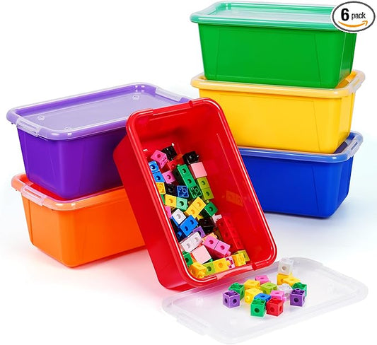 GAMENOTE 6 Quart Storage Bins with Lids,6 Pack Rainbow Plastic Latching Box for Classroom&Kids Toy Storage Opaque Stackable Shoe Box Size Containers for STEM Morning Tubs, Crafts & Building Blocks
