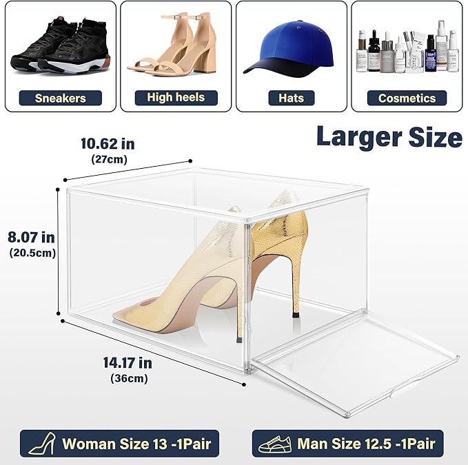 Size 12 Clear Shoe Boxes with Acrylic Magnetic Front Door Plastic Stackable Shoe Organier for Sneaker & Boots Collection, Space-Saving Shoe Storage for Closet Entryway, Bedroom