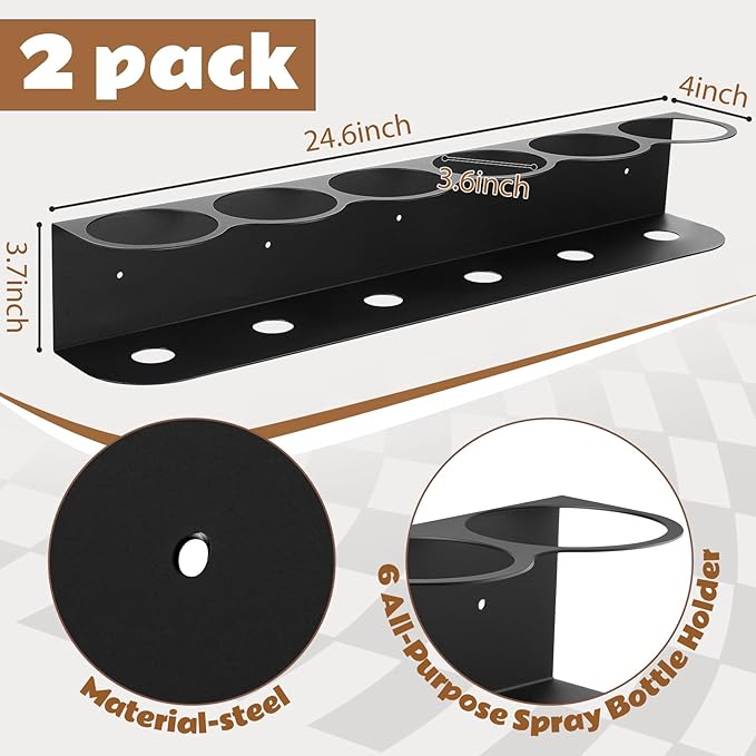 Therwen 2 Pcs 6 Holes All Purpose Steel Spray Bottle Holder Heavy Duty Can Holder Rack Organizer Easy Install Wall Mount Paint Spray Bottle Organizer Storage Rack for Garage Home Workspace(Black)