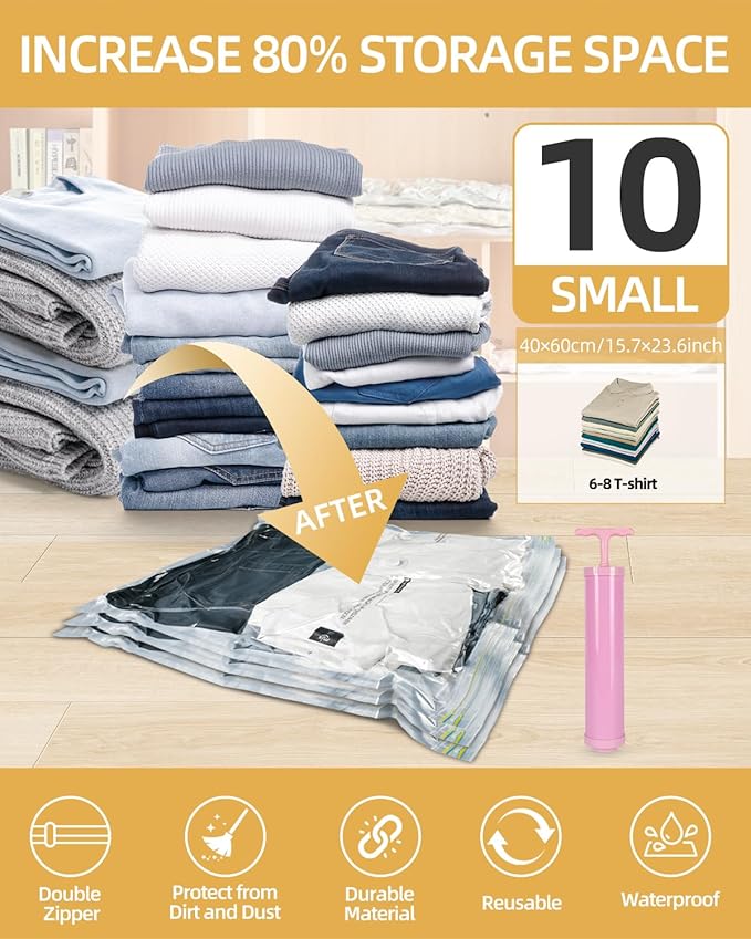 Vacuum Storage Bags for moving, Vacuum Seal Bags for Memory Foam, Latex, Clothing & Bedding, Space Saver Bags for Organization and Storage (10 Small)