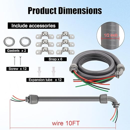 1/2Inch Outdoor Electrical Whips Kit, 10 FT Nonmetallic Liquid Tight Flexible Conduit Wire with 3 Conductors 10 Gauge THHN Electrical Wires, A/C Disconnect Box Power Whips Assembly (10FTx1/2Inch)