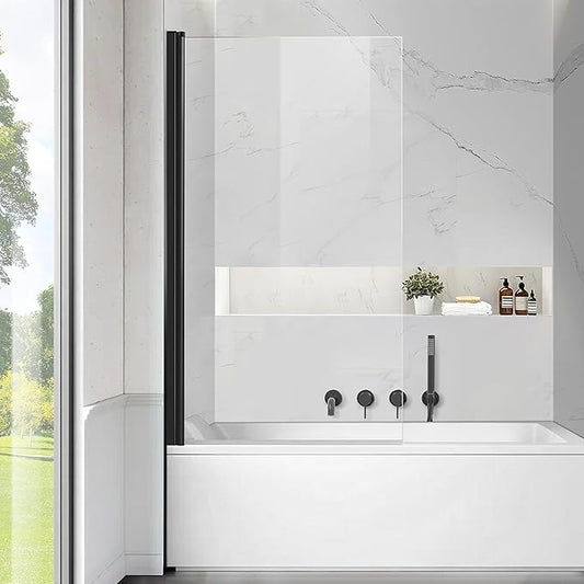 Frameless Tub Shower Door, Clear Tempered Glass Bathroom Shower Door 30" W*55" H, Hinged Foldable Bathtub Screen with Matte Black Wall Profile Support
