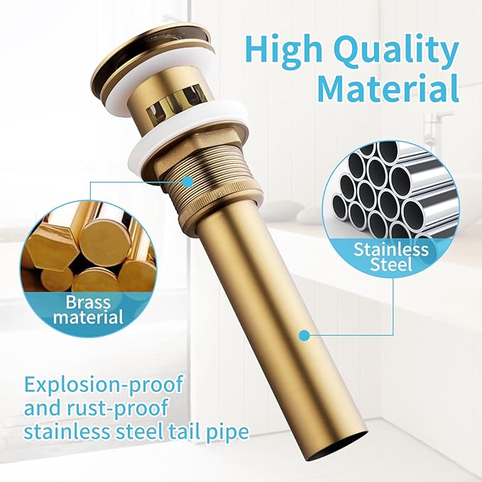 Bathroom Sink Pop Up Drain with Overflow, Vessel Sink Drain with Detachable Filter Basket, Anti-Corrosion and Anti-Clogging Sink Pop Up Drain Stopper (Brushed Gold, with Overflow)