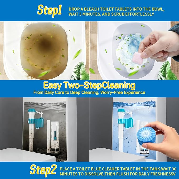 24 PACK Toilet Cleaning Tablets Set - 8 Effervescent Toilet Bowl Cleaners Tablets + 16 Blue Toilet Tank Tablets, Double-Action Formula for Stain, Water Deposit Removal
