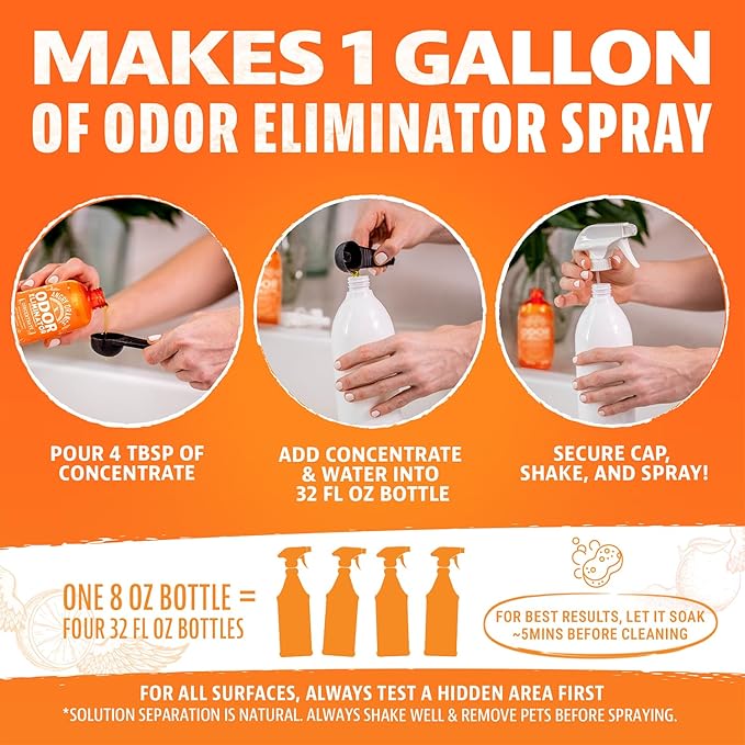 ANGRY ORANGE Pet Urine Odor Eliminator - Pack of 2 Citrus Deodorizers for Strong Dog or Cat Urine Smells on Carpet, Furniture & Floors - 24 oz Spray & 8 oz Concentrate - Puppy Supplies