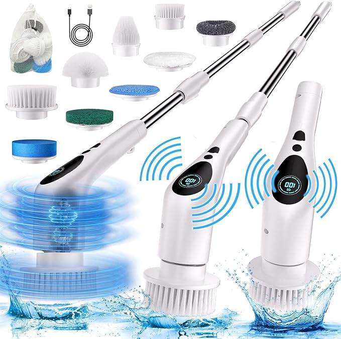 Electric Spin Scrubber, Electric Spin Cordless Tub and Tile Scrubber with Voice Broadcasting 3 Speed 9 Replaceable Clean Heads Power Spin Scrubbers