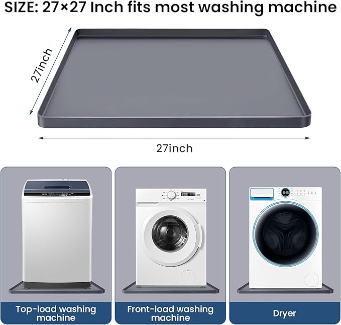 2-Pack Silicone Washing Machine Drip Pan - 27X27 inch Washing Machine Tray with Raised Edge, Non-Slip Trays for under Washer and Dryer, Washer Tray for Floor Protection, Washer Drain Pan (Gray)