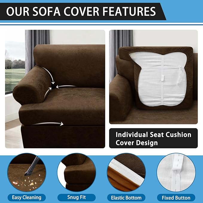 3-Pieces T Cushion Sofa Slipcovers Leather Look Couch Cover for 2 Cushion Couch Furniture Protector Stretch Sofa Cover with 2 Individual T Cushion Seat Covers Washable, Dark Brown