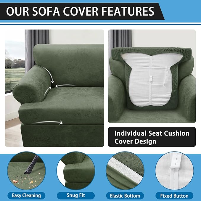 2-Pieces T Cushion Armchair Slipcovers Leather Look Couch Cover Chair Covers Stretch Furniture Protector Sofa Cover with 1 Individual T Cushion Seat Cover Slipcover Sets Washable, Army Green