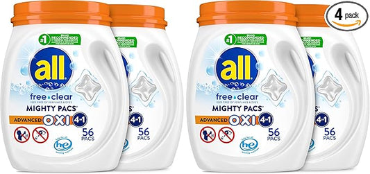 all Free Clear,Advanced OXI,Mighty PACS,Laundry Detergent Pacs,Stainfighting,Unscented and Hypoallergenic for Sensitive Skin,56 Count (Pack of 4)