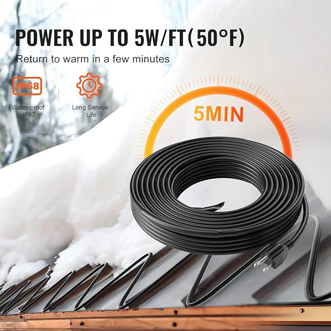 VEVOR Self-Regulating Pipe Heating Cable, 50FT 5W/FT Heat Tape for Pipes, Roof Snow Melting De-icing, Gutter and Pipe Freeze Protection