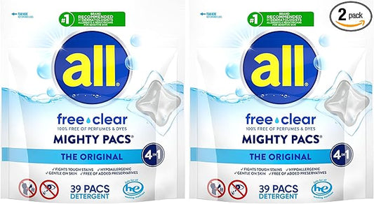 all Mighty Laundry Detergent Pacs, Free Clear for Sensitive Skin, Unscented and No Dye, 39 Count (Pack of 2)
