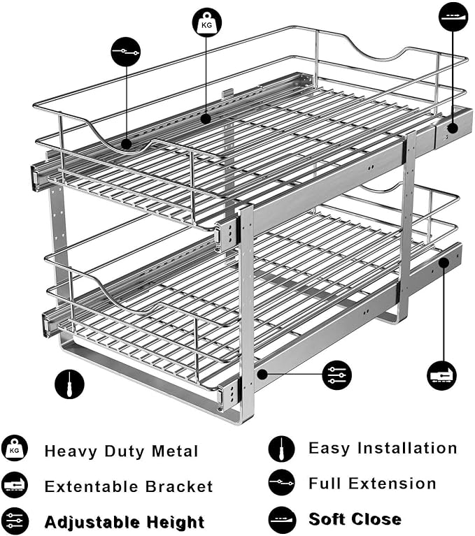 2 Tier Pull Out Cabinet Organizer,(20½"W x 22" D) Soft Close Slide Out Drawer For Kitchen Base Cabinet, Individual Pull Out Shelf, Roll Out Pantry Organization, 22 Inch Deep