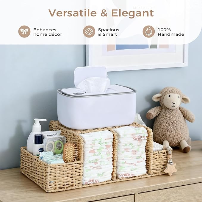 Diaper Caddy Organizer, Hand Rattan Nursery Storage Basket for Baby Essentials, Baby Changing Table Organizer Perfect Nursery Assistant (Natural Light Woven - Style 2, L)