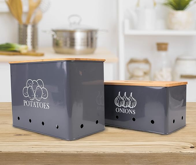 Potato Onion Kitchen Storage Canisters,Storage Bin For Kitchen 2 Pack Set,potatoe, Potato Storage Box，storage And Long Shelf Life With Aerating Tin Storage Holes-gray