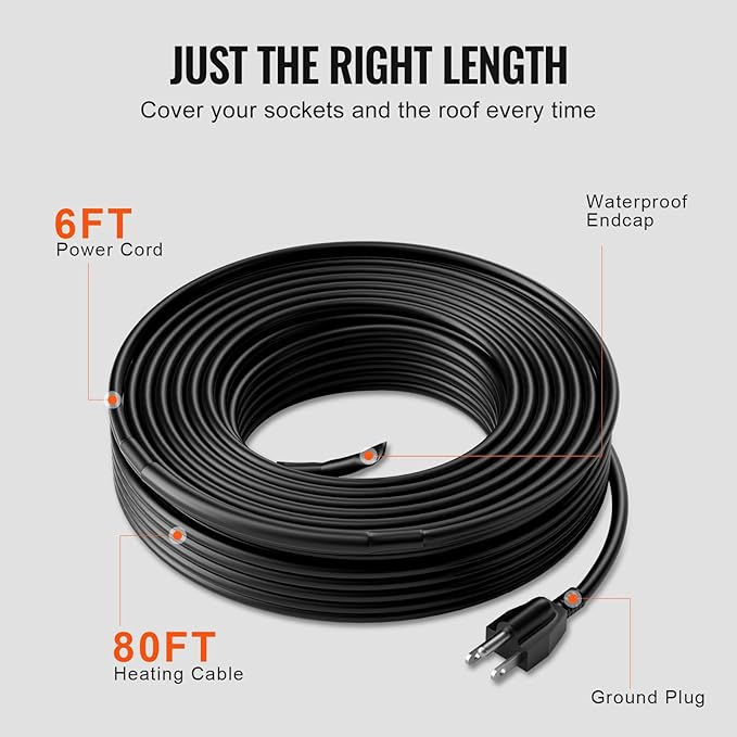 VEVOR Self-Regulating Pipe Heating Cable, 80FT 5W/FT Heat Tape for Pipes, Roof Snow Melting De-icing, Gutter and Pipe Freeze Protection
