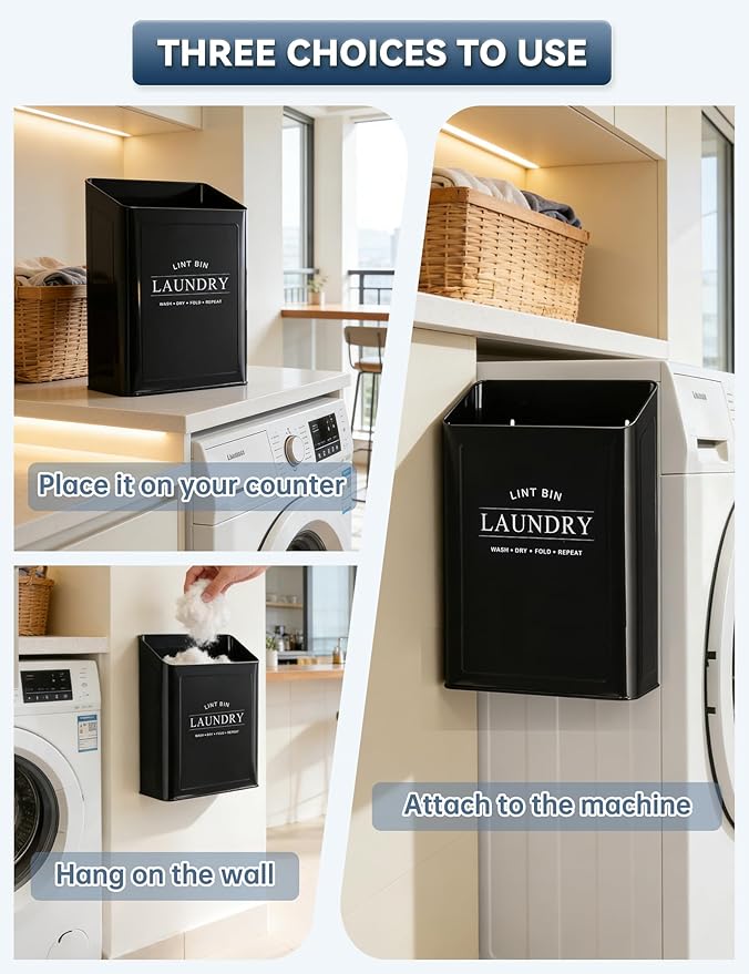Magnetic Lint Trash Can for Laundry Room, Metal Dryer Lint Bin with 2 Pet Hair Remover, Farmhouse Laundry Room Decor, Black