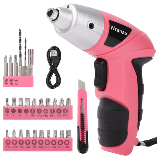 3.6V Electric Screwdriver Set, 28-Piece, USB Rechargeable, Pink - Image 1