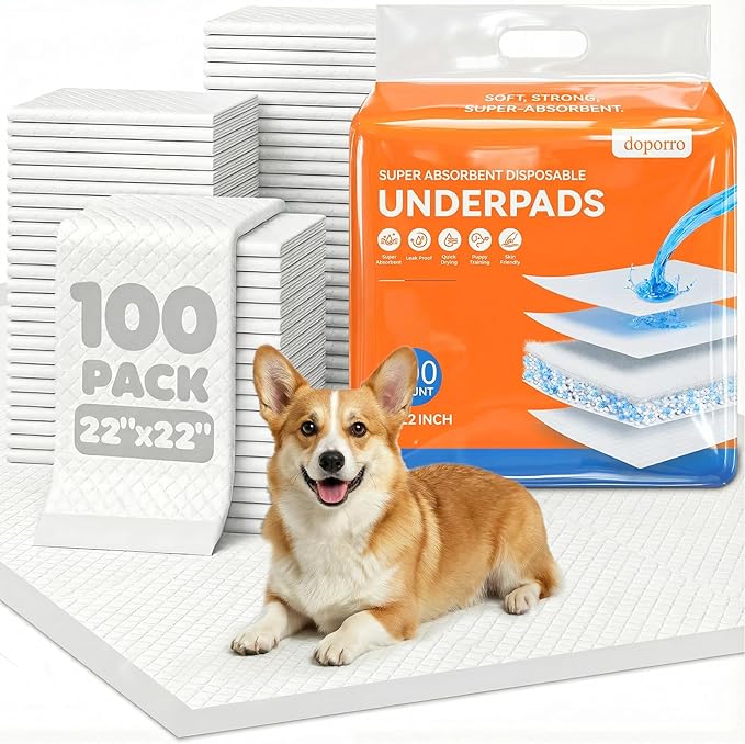 Disposable Potty / Pee Pads for Puppy Dog Training, 6-Layer Super Absorbent & Leak Proof, Odor Block Cat Pee Pads for Pet with Anti-Slip Adhesive Strips, 22''x22'' 100 Count, White