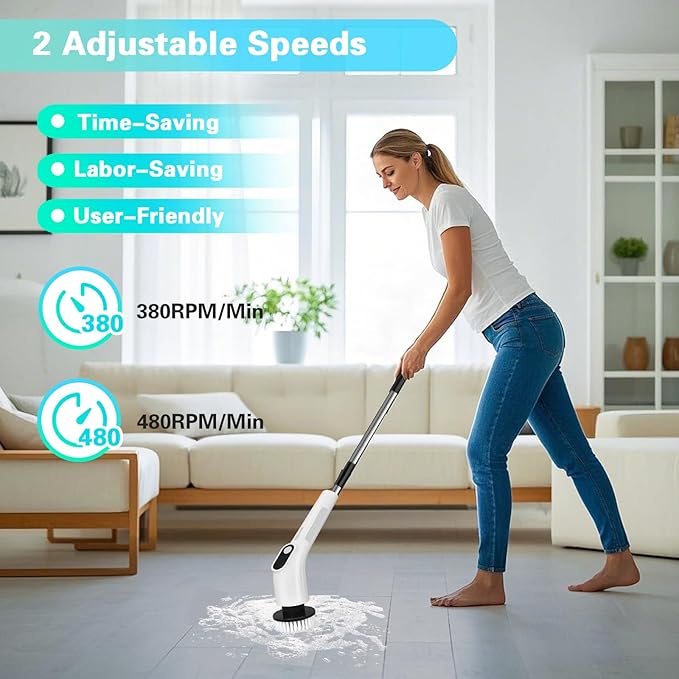 LICHIFIT Electric Spin Scrubber, Waterproof Cordless Shower Cleaning Brush with Replaceable Brush Heads and Adjustable Extension Handle 2 Speeds for Bathtub Kitchen Wall Cleaning