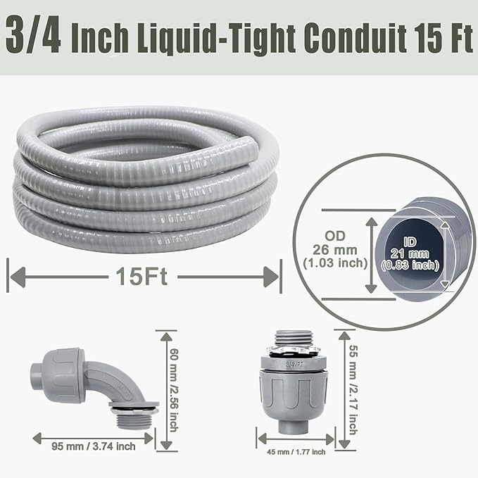 Liquid-Tight Conduit and Connector Kit - 3/4 Inch 15 FT Non Metallic Liquid Tight Electrical Conduit with 2 Straight and 2 Angle Fittings