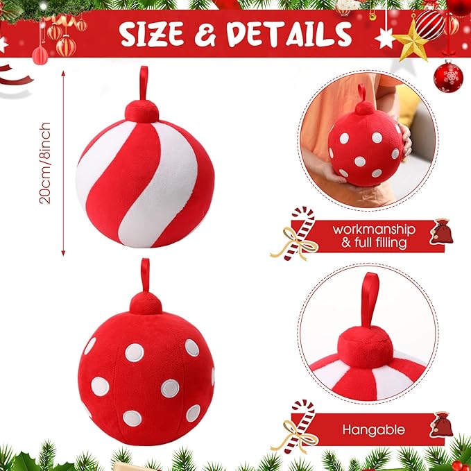 2 Pcs Christmas Pillows 7 Inch Round Christmas Ornament Shaped Throw Pillow Cute 3D Ball Xmas Throw Cushion Decoration for Bed Couch Sofa Chair Living Room(Light Red and White)